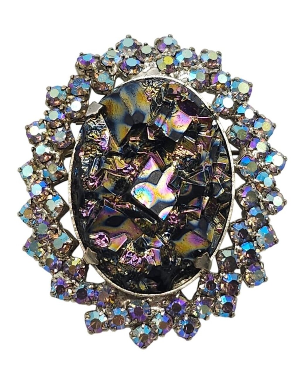 Black Geode Glass Aurora Borealis Rhinestone Oval Vintage Brooch Pin 2.25 Inches